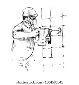Man in protective mask and helmet remove tiles on the wall with hammer drill (rotary hammer), hand drawn doodle, sketch, black and white vector illustration