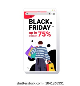 man in protective mask holding shopping bags black friday big sale promotion discount coronavirus quarantine concept smartphone screen portrait vector illustration
