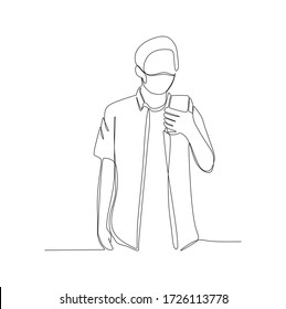 Man in protective mask mask look in to the cell phone. Continuous single line drawing vector illustration