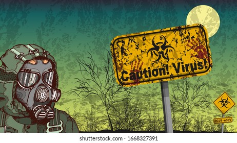 A man in a protective mask on the background of the territory infected with the virus. In the background are silhouettes of trees and bushes, signs of biohazard, a large moon and a gloomy sunset. Vect