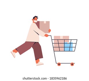 Man In Protective Mask Pushing Trolley Cart With Shopping Bags Black Friday Big Sale Promotion Discount Coronavirus Quarantine Concept Full Length Vector Illustration