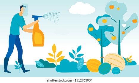 Man in Protective Mask Splashing out Pest Remedy on Garden Fruits. Vector Illustration. People on Farm  Take Care Plants and Vegetables.