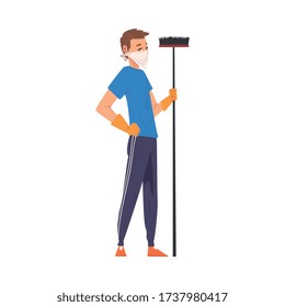 Man in Protective Mask Standing with Broom, Household Activity, Housekeeping, Everyday Duties and Chores Cartoon Vector Illustration