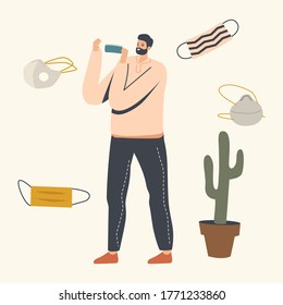 Man in Protective Medical Face Mask. Male Character Wearing Protection From Virus, Urban Air Pollution, Smog, Vapor, Pollutant Gas Emission, Coronavirus Lockdown, Pandemic. Linear Vector Illustration
