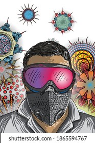 Man in protective medical face mask and background of mutated coronavirus Covid 19 in the air. Commuter wearing protection from virus, urban air pollution, pollen, dust, gas emission and dirt. Vector.