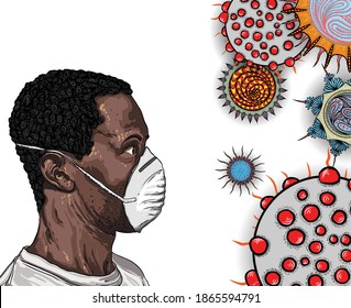 Man in protective medical face mask and background of mutated coronavirus Covid 19 in the air. Commuter wearing protection from virus, urban air pollution, pollen, dust, gas emission and dirt. Vector.