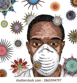 Man in protective medical face mask and background of mutated coronavirus Covid 19 in the air. Commuter wearing protection from virus, urban air pollution, pollen, dust, gas emission and dirt. Vector.
