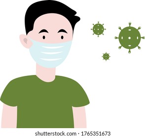 
A man in a protective medical mask and a green T-shirt next to the coronavirus
