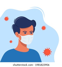 Man with protective medical mask on face for prevent virus. Human in surgical mask and virus particles around. Covid prevention. Vector illustration in flat style