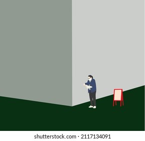 Man in a protective medical mask standing on corner of street reads a newspaper. Isometric Illustration about Reading books during social distancing.