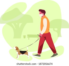 Man in protective medical mask walking with dog in the park in flat style on abstract background. Coronavirus quarantine illustration