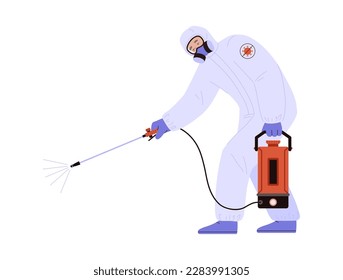 Man in protective suit bent over and disinfects with special equipment flat style, vector illustration isolated on white background. Design element, no virus sign on shoulder, sanitize