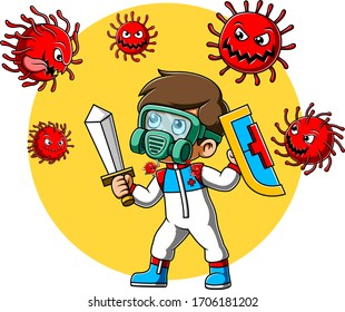 A man in protective suit or clothing holding sword fight corona virus of illustration