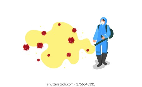 Man in a protective suit or clothing spray device with cleaning and disinfecting liquid against Covid-19 or Coronavirus