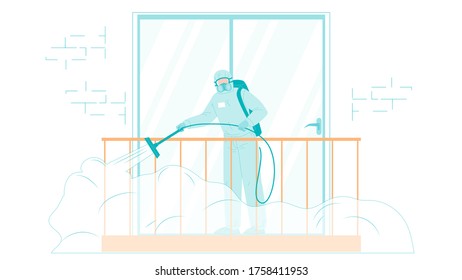 Man In Protective Suit Disinfecting Balcony Vector. Guy In Protective Costume Uniform Coveralls With Equipment For Antibacterial Hygiene Disinfection. Character Flat Cartoon Illustration