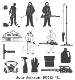 Man in protective suit, gas mask and gas cylinder for disinfection coronavirus. Vector Toxic and chemicals protection. Design with disinfectant worker, house, mask, respirator, thermal fogger