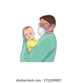 Man in a protective suit from germs, viruses and a Medical Face mask holds a baby in his arms. Medic in a respirator, protection against Coronavirus infection and a child. Father and son. Vector 