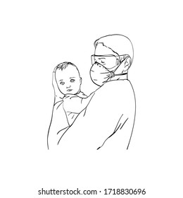 Man in a protective suit from germs, viruses and a Medical Face mask holds a baby in his arms. Medic in a respirator, protection against Coronavirus infection and a child. Father and son. Vector 