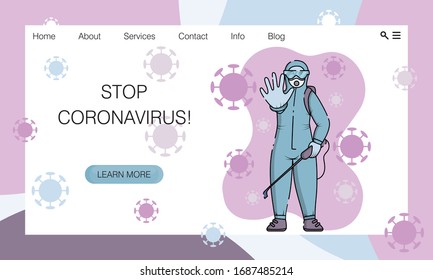 Man in protective suit, glasses, respirator and gloves disinfects the street from coronavirus Covid 19 (2019-nCoV). World's coronavirus pandemic. Cartoon vector illustration. Concept of website, page