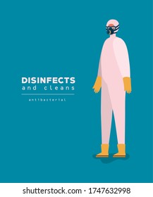 Man with protective suit and gloves design, Disinfects clean antibacterial and hygiene theme Vector illustration