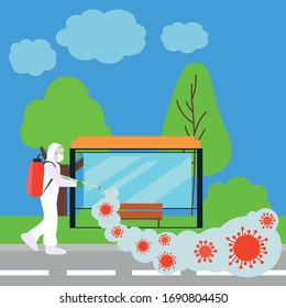 A Man In A Protective Suit Handles The Bus Stop With The Disinfectant From COVID-19. Coronavirus Public Space Disinfection .Pandemic Illustration