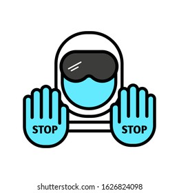 A man in a protective suit with his hands outstretched - a Stop sign. Don't enter!" Vector isolated image.