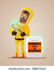 Man in protective suit hold radioactive garbage emissions. Vector flat cartoon illustration