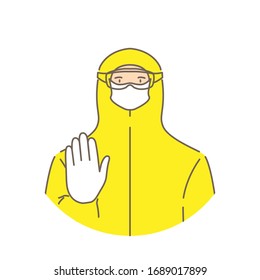 Hombre con traje protector, aislado. Ilustración vectorial.