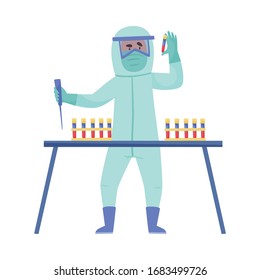 Man in Protective Suit and Mask Examining Blood Test Vector Illustration