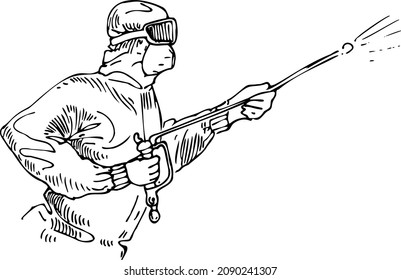 Hombre con traje protector y máscara con dibujo vectorial gráfico con dibujo manual