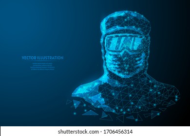 Man in a protective suit, in a medical mask, goggles. Medical worker, doctor is protected against infection with the COVID-19 virus, chemical protection, infection, biosecurity. Low poly illustration.