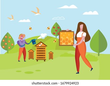 Man in Protective Suit near Hive and Woman with Honeycombs. Organic Honey. Apiary in Village. Vector Illustration. Healthy Food. Organic Food. Produced by Natural Products. People and Organic