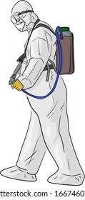 Man in a protective suit processes the territory from coronavirus or covid-19 vector illustration sketch doodle hand drawn isolated on white background