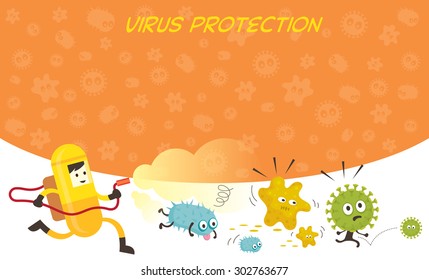 Man in Protective Suit Run Spraying Germ Characters, Bacteria, Virus, Microbe, Pathogen