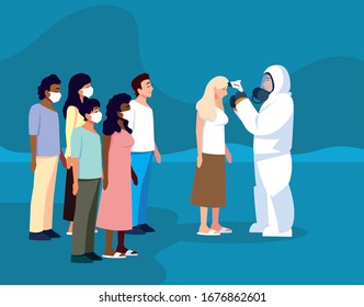 man in protective suit safety clothing with thermal imager checks an group of people vector illustration design