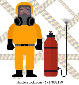 A man in a protective suit, spray for cleaning and disinfection of the virus, Covid-19, coronavirus disease, preventive measures. Vector