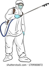 man in protective suit spraying disinfectant to cleaning and disinfect Covid-19 virus vector illustration sketch doodle hand drawn isolated on white background