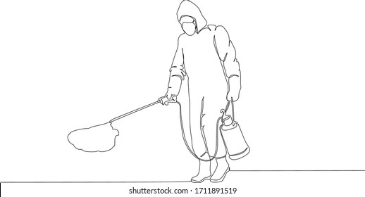 Man in protective suit spraying disinfectant to clean from virus