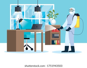 Man with protective suit spraying office design, Disinfects clean antibacterial and hygiene theme Vector illustration