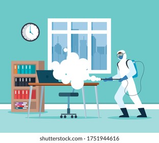 Hombre con traje protector diseño de oficina de pulverización, Desinfecta antibacterianos limpios y tema de higiene Ilustración vectorial