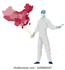 A man in protective suit is standing with a pointer and a map of China, COVID 19