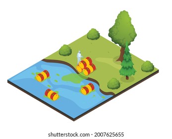 Man in protective suit with toxic waste at beach isometric 3d vector concept for banner, website, illustration, landing page, flyer, etc.