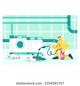 Man in protective uniform holding sprayer and treats surface in laundry with detergent and antimicrobial agent. Rodent protection concept. Flat vector illustration in cartoon style