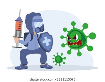 Man in protective uniform and shield, stands in front of virus. Health care providers fight virus with vaccinations and immunizations. Flat vector illustration in blue and green colors with cartoon