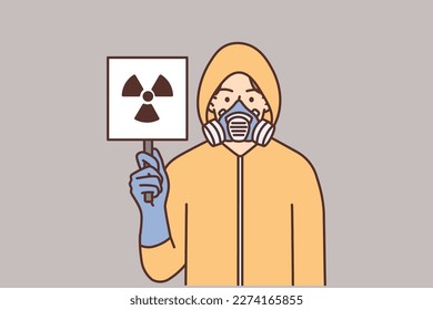 Man in protective uniform showing sign of radiation. Male in suit and respirator warning about chemical or radioactive hazard. Vector illustration. 