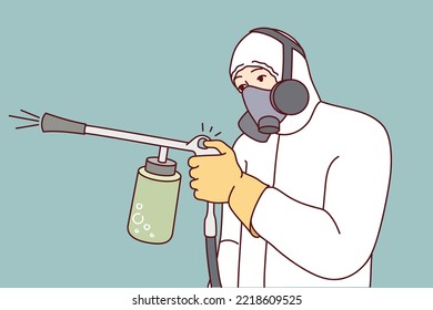 Hombre con uniforme de protección rociando pesticida para matar insectos y roedores. Exterminador masculino o trabajador de control de plagas en traje para desinfección. Ilustración vectorial. 