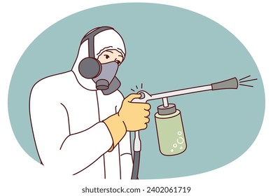 Man in protective uniform spraying pesticide to kill insects and rodents. Male exterminator or pest control worker in suit doing disinfection. Vector illustration.