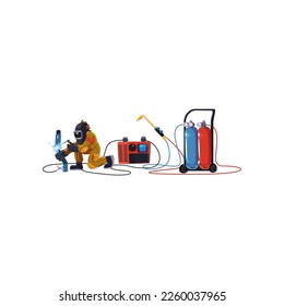 Man in protective uniform welding metal vector illustration. Cartoon drawing of welder in helmet using welding torch and machine isolated on white background. Welding, professions, technology concept