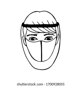 A man in a protective visor and a mask drawn by hand. Vector man illustration for web, booklets, flyers.