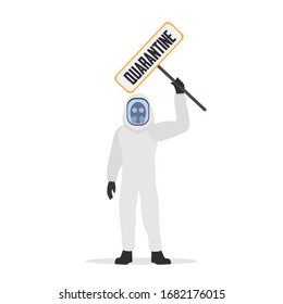 A man in a protective white suit holding a quarantine sign. Suit from virus and radiation. Vector.